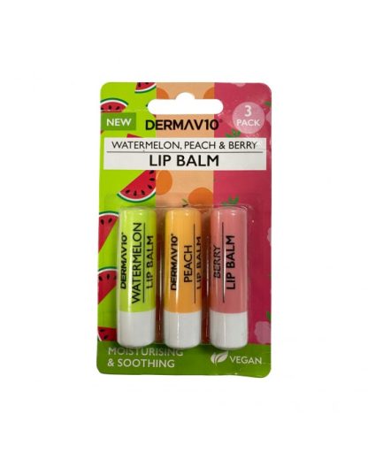 DERMA V10 LIP BALM SUMMER 3 PACK - WATERMELON PEACH AND BERRY